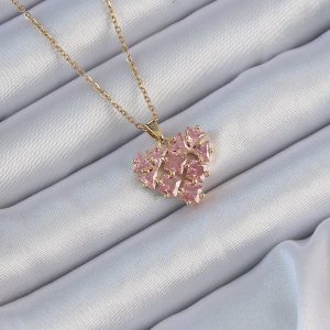 316L Çelik Zincir Altın Renk Pembe Parçalı Zirkon Taşlı Kalp Kolye - Görsel 1