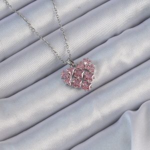 316L Çelik Zincir Gümüş Renk Pembe Parçalı Zirkon Taşlı Kalp Kolye - Görsel 1