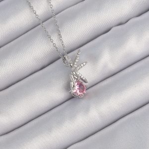 316L Çelik Zincir Gümüş Renk Pembe Zirkon Taşlı Peri Kolye - Görsel 1