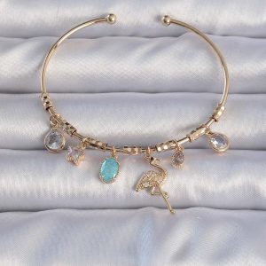 Pirinç Altın Renk Zirkon Taşlı Flamingo Figürlü Charm Bileklik - Görsel 1