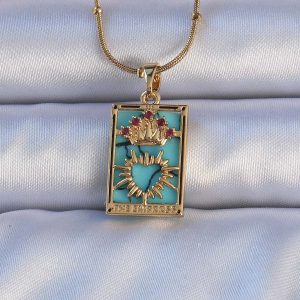 316L Çelik Gold Renk Mermer Desenli Renkli Zirkon Taşlı Kalp Figürlü Tarot Kolye - Görsel 1