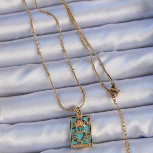 316L Çelik Gold Renk Mermer Desenli Renkli Zirkon Taşlı Kalp Figürlü Tarot Kolye - Görsel 2