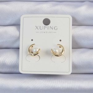Xuping Gold Renk Zirkon Taşlı İncili Ay Küpe - Görsel 1