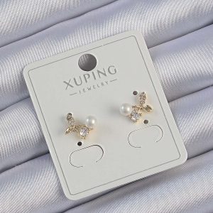 Xuping Gold Renk Zirkon Taşlı İncili Kiraz Küpe - Görsel 1