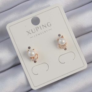 Xuping Rose Renk Zirkon Taşlı İncili Kedi Küpe - Görsel 1