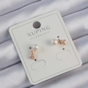 Xuping Rose Renk Zirkon Taşlı İncili Minimal Fiyonk Küpe - Görsel 1