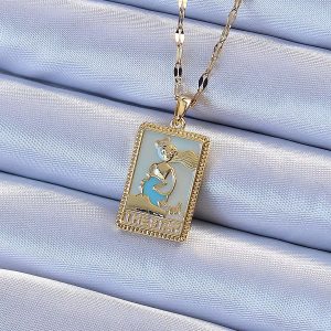 316L Çelik Zincir Altın Renk Mavi Mineli Tarot Kolye - Görsel 1