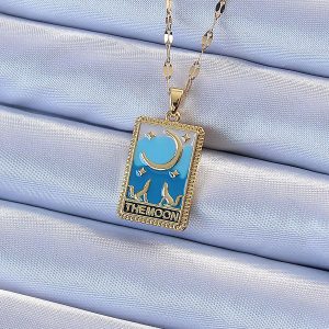 316L Çelik Zincir Altın Renk Mavi Mineli Ay Figür Tarot Kolye - Görsel 1