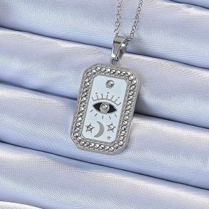 316L Çelik Zincir Gümüş Renk Mineli Zirkon Taşlı Göz Figür Tarot Kolye - Görsel 1