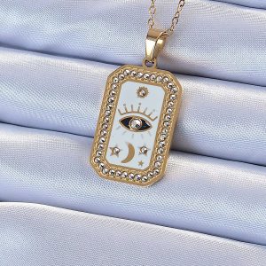 316L Çelik Zincir Altın Renk Mineli Zirkon Taşlı Göz Figür Tarot Kolye - Görsel 1