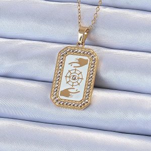 316L Çelik Zincir Altın Renk Mineli Zirkon Taşlı Göz Figür Tarot Kolye - Görsel 1