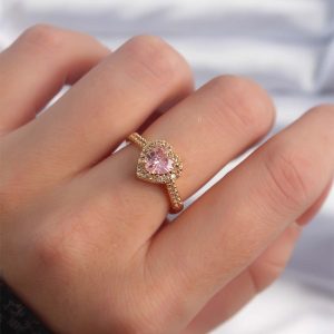 Pirinç Altın Renk Pembe Zirkon Taşlı Charm Model Ayarlanabilir Yüzük - Görsel 1