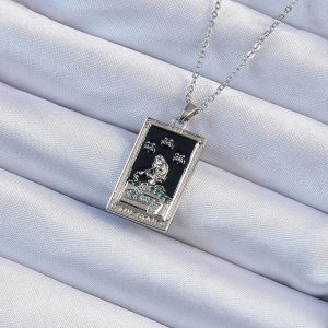 316L Çelik Zincir Gümüş Renk Zirkon Taşlı Siyah Mineli Kız Figürlü Tarot Kolye - Görsel 1