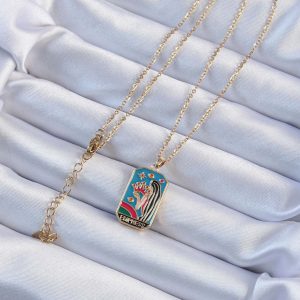 316L Çelik Zincir Altın Renk Taç ve Kız Figürlü Renkli Mineli Tarot Kolye - Görsel 2