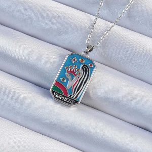 316L Çelik Zincir Gümüş Renk Taç ve Kız Figürlü Renkli Mineli Tarot Kolye - Görsel 1
