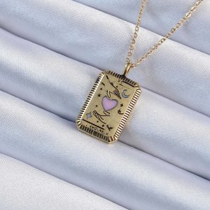 316L Çelik Zincir Eskitme Altın Renk Pembe Mineli Kalp Figürlü Tarot Kolye - Görsel 1