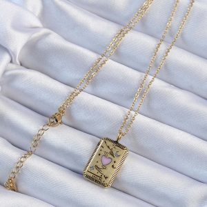 316L Çelik Zincir Eskitme Altın Renk Pembe Mineli Kalp Figürlü Tarot Kolye - Görsel 2