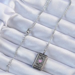 316L Çelik Zincir Eskitme Gümüş Renk Pembe Mineli Kalp Figürlü Tarot Kolye - Görsel 2