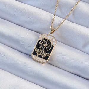 316L Çelik Zincir Altın Renk İşlemeli Siyah Mineli Tarot Kolye - Görsel 1
