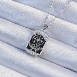 316L Çelik Zincir Gümüş Renk İşlemeli Siyah Mineli Tarot Kolye - Görsel 1