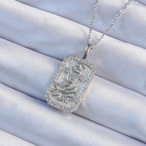 316L Çelik Zincir Gümüş Renk Zirkon Taşlı Çerçeveli Tarot Kolye - Görsel 1