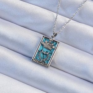 316L Çelik Zincir Gümüş Renk Zirkon Taşlı Mavi Mermer Desenli Taç Model Tarot Kolye - Görsel 1