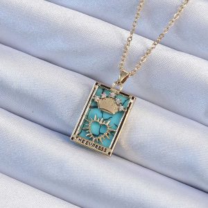 316L Çelik Zincir Altın Renk Zirkon Taşlı Mavi Mermer Desenli Taç Model Tarot Kolye - Görsel 1