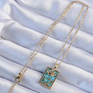 316L Çelik Zincir Altın Renk Zirkon Taşlı Mavi Mermer Desenli Taç Model Tarot Kolye - Görsel 2