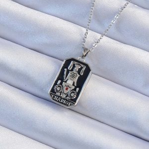 316L Çelik Zincir Gümüş Renk Siyah Mineli Tarot Kolye - Görsel 1