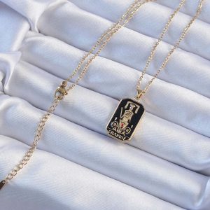 316L Çelik Zincir Altın Renk Siyah Mineli Tarot Kolye - Görsel 2