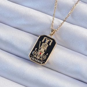 316L Çelik Zincir Altın Renk Siyah Mineli Tarot Kolye - Görsel 1
