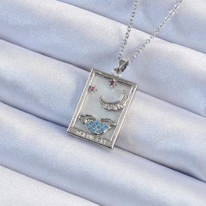316L Çelik Zincir Gümüş Renk Zirkon Taşlı Ay Figürlü Tarot Kolye - Görsel 1