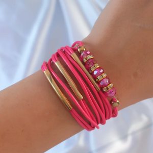 Pembe Renk Zirkon Taşlı Metal Aksesuarlı İpli Çoklu Bileklik - Görsel 1