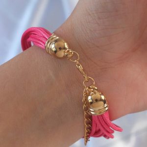 Pembe Renk Zirkon Taşlı Metal Aksesuarlı İpli Çoklu Bileklik - Görsel 2