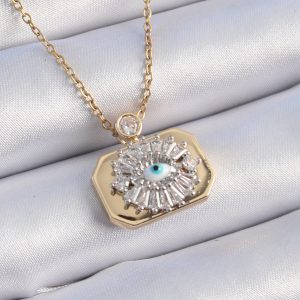 316L Çelik Gold Renk Kare Gümüş Renk Zirkon Taş Detay Göz Model Vintage Kadın Kolye - Görsel 1