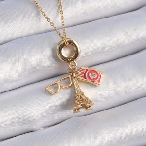 316L Çelik Gold Renk Eyfel Kulesi Fotoğraf Makinesi Figür Charm Model Kadın Kolye - Görsel 1