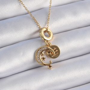 316L Çelik Gold Renk Zirkon Taşlı Ay Yıldız  Model Charm Model Kadın Kolye - Görsel 1