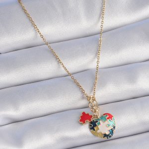 316L Çelik Gold Renk Yapboz Motif Kalp Figür Charm Model Kadın Kolye - Görsel 2