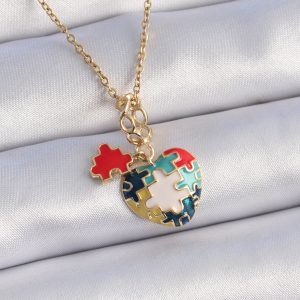 316L Çelik Gold Renk Yapboz Motif Kalp Figür Charm Model Kadın Kolye - Görsel 1