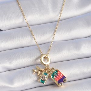 316L Çelik Gold Renk Zirkon Taşlı Uçak Bavul Figür Charm Model Kadın Kolye - Görsel 2