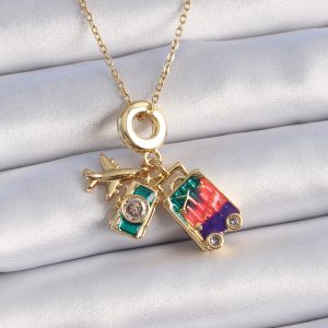 316L Çelik Gold Renk Zirkon Taşlı Uçak Bavul Figür Charm Model Kadın Kolye - Görsel 1