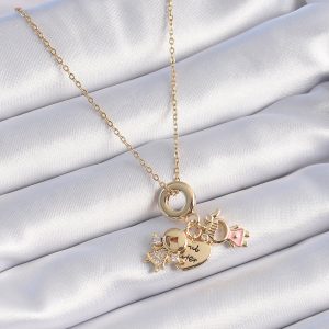 316L Çelik Gold Renk Zirkon Taş Detay Çocuk Figür Charm Model Kadın Kolye - Görsel 2