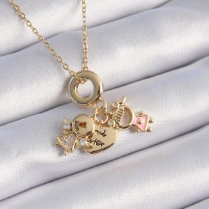 316L Çelik Gold Renk Zirkon Taş Detay Çocuk Figür Charm Model Kadın Kolye - Görsel 1