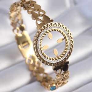316L Çelik Gold Renk Çeyrek Altın Takılabilen Zirkon Taşlı Kalp İşleme Detay Kadın Bileklik - Görsel 1