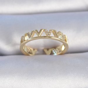 Pirinç Gold Renk Zirkon Taşlı "V" Model Kadın Yüzük - Görsel 1