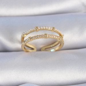 Pirinç Gold Renk Zirkon Taşlı İnci Detay Kadın Yüzük - Görsel 1