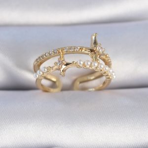 Pirinç Gold Renk Zirkon Taşlı İnci Detay Kutup Yıldızı Model Kadın Yüzük - Görsel 1