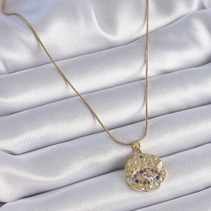 316L Çelik Zincir Gold Renk Zirkon Taşlı Göz İşlemeli Madalyon Model Kadın Kolye - Görsel 2