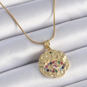 316L Çelik Zincir Gold Renk Zirkon Taşlı Göz İşlemeli Madalyon Model Kadın Kolye - Görsel 1