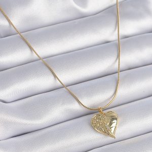 316L Çelik Zincir Gold Renk Zirkon Taşlı Kalp Kanat İşlemeli Kadın Kolye - Görsel 2